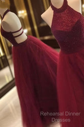 Burgundy Tulle Sequin Long Semi Formal Prom Dress, Cute Evening Dress For Teens